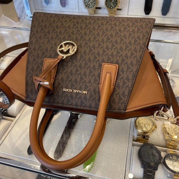 Michael Kors Avril Small Leather Logo Satchel Crossbody Brown Top Zip Bag NWT - Picture 11 of 16